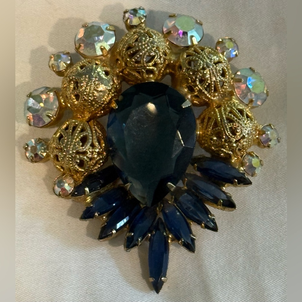 Juliana Verified Gold Filigree Balls & Blue center pear-shape & Navettes Brooch